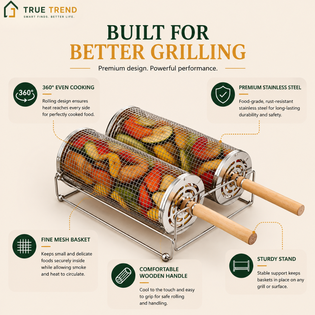 TrueTrend™ 360° Rolling Grill Basket – Stainless Steel BBQ Cage for Even Grilling 🍖🔥