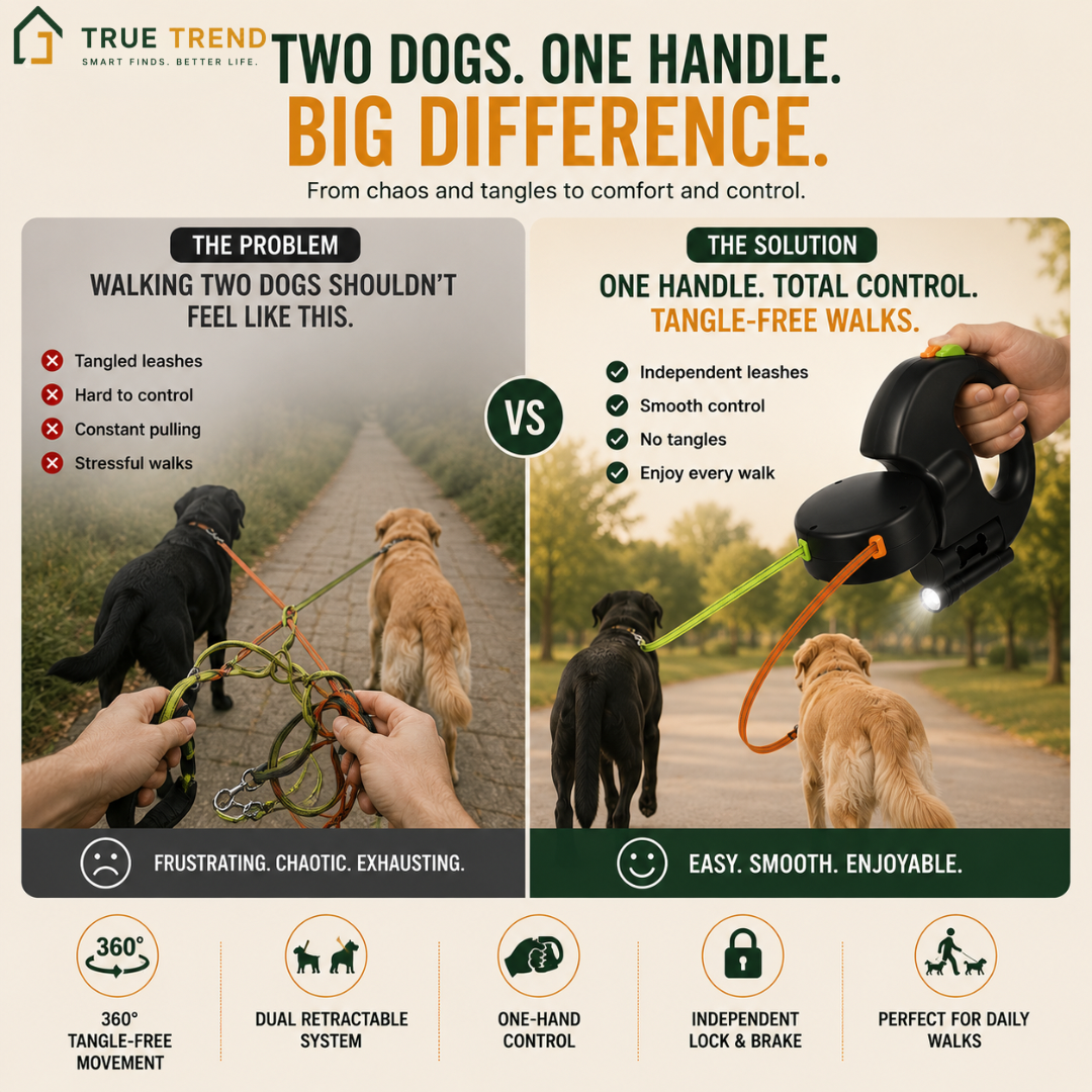 TrueTrend™ Dual Retractable Dog Leash – 2-in-1 Tangle-Free Leash with Built-in LED & Waste Bag Holder