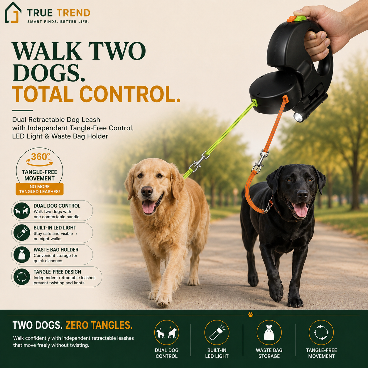 TrueTrend™ Dual Retractable Dog Leash – 2-in-1 Tangle-Free Leash with Built-in LED & Waste Bag Holder
