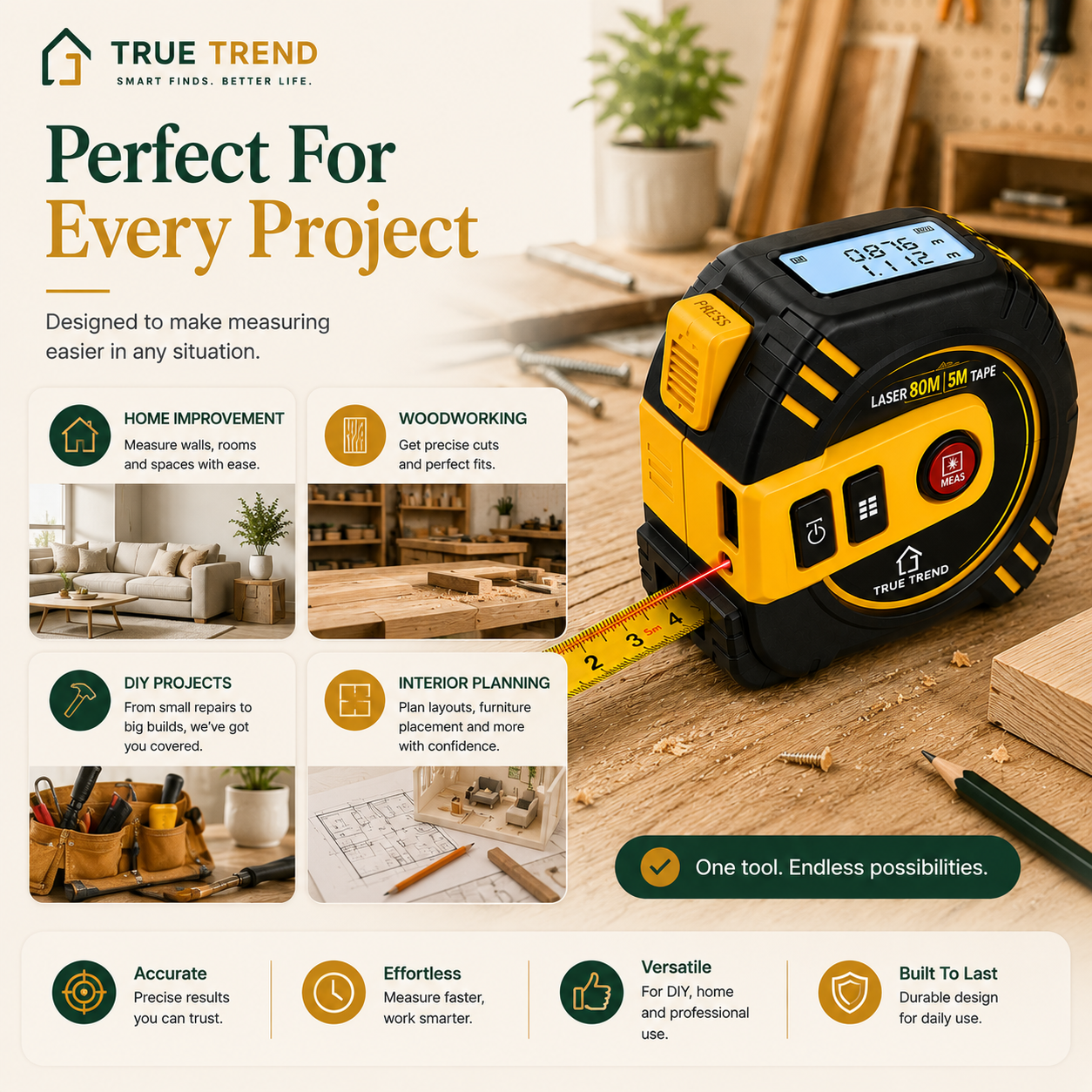 True Trend™ 2-in-1 Digital Laser Tape Measure